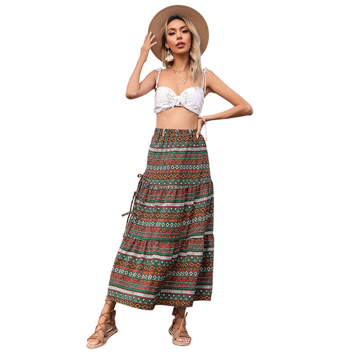 Damen Maxi-Stufenrock mit elastischem Taillenbund, seitlichen Knotendetails und Ethno-Print Drune