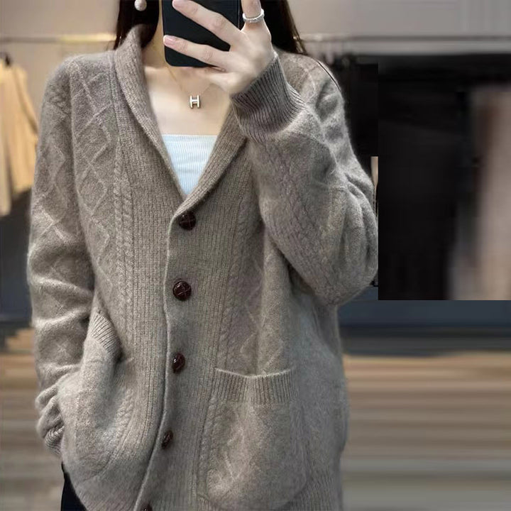 Damen Strickjacke mit Kapuze und großen Knöpfen Drune