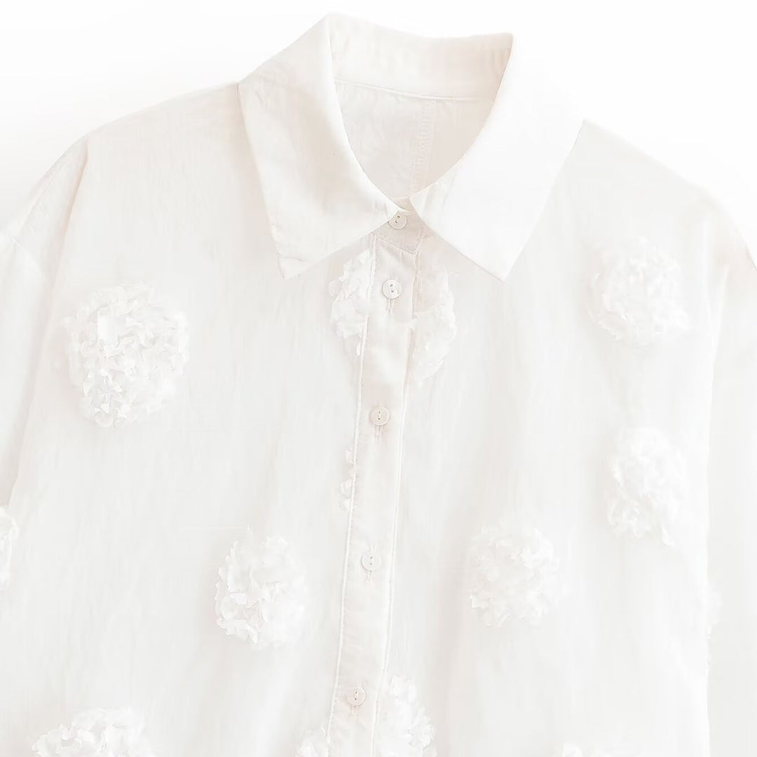 Damen Bluse mit dreiviertelärmeln und dreidimensionalen Blütenapplikationen Drune