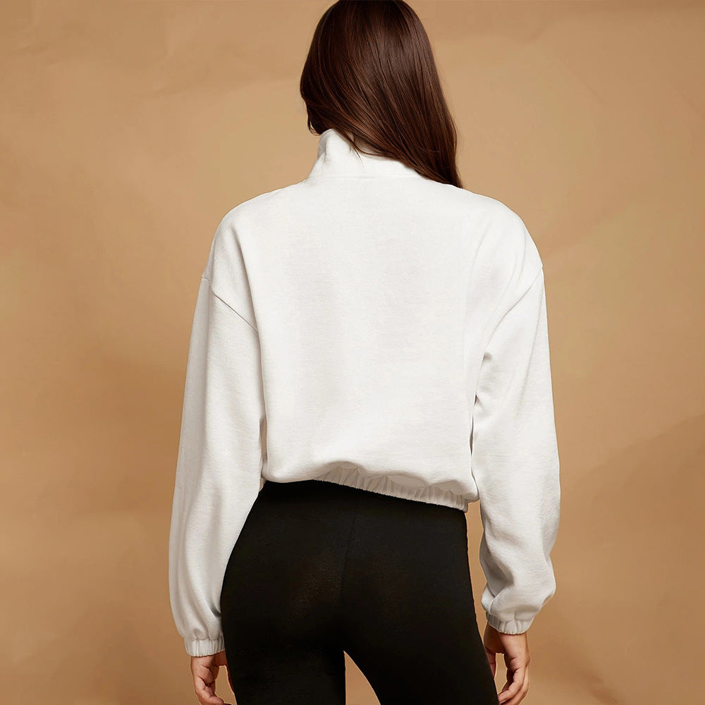 Damen halbzip Cropped Sweatshirt mit hohem Stehkragen, Kängurutasche und elastischem Saum Drune