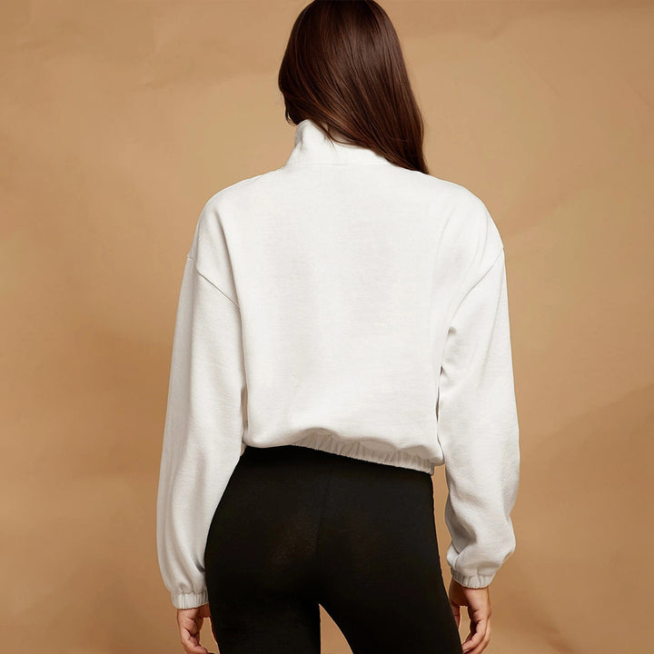 Damen halbzip Cropped Sweatshirt mit hohem Stehkragen, Kängurutasche und elastischem Saum Drune