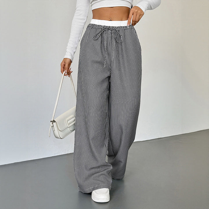 Damen Weite Streifen-Hose im Palazzo-Stil mit Smok-Taillenbund und Kordelzug Drune