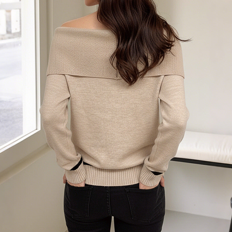 Damen Schulterfreier Strickpullover mit Rautenmuster und umgeschlagenem Kragen Drune