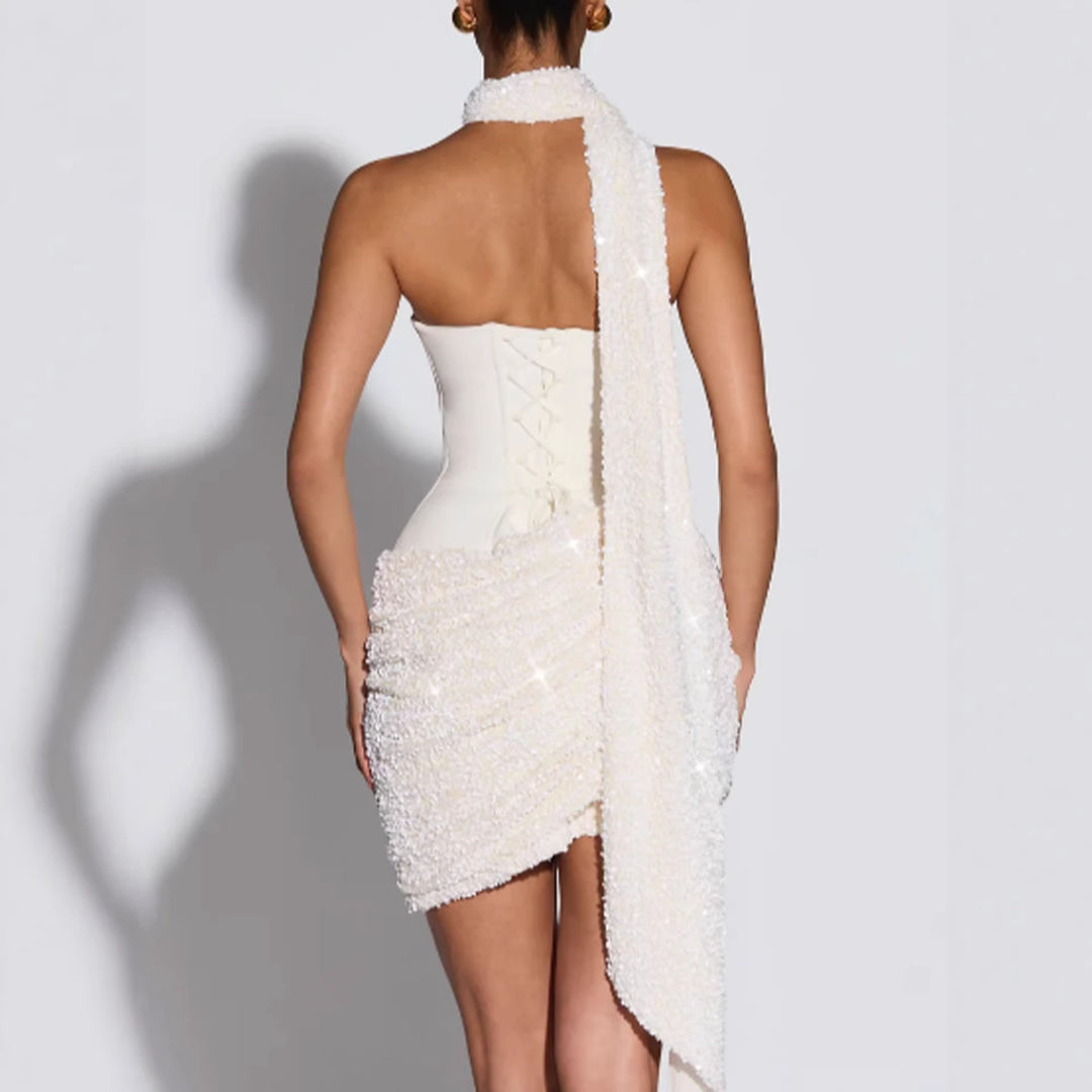 Damen Glamouröses Minikleid mit figurbetontem Bustier-Oberteil und eindrucksvollem Paillettenrock Drune