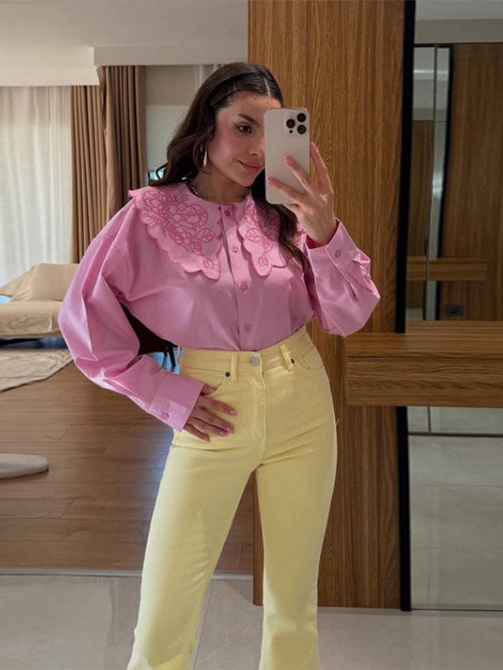Damen Bluse mit übergroßem besticktem Spitzenkragen, Ballonärmeln & kastiger Silhouette Drune