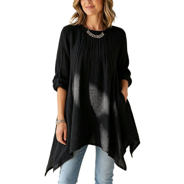 Damen Lässige Long-Tunika mit Handtuchsaum, Kräusel-Biesen und Eingrifftaschen Drune