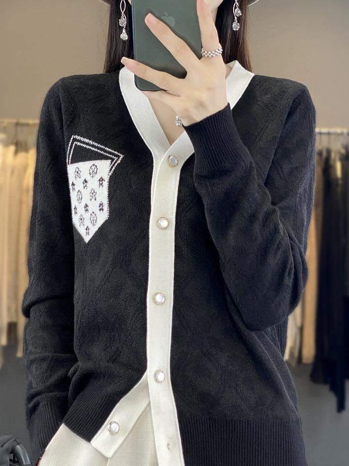 Damen Kurzgeschnittener V‑Neck-Cardigan mit Perlmuttknöpfen und kontrastierter Brusttasche Drune