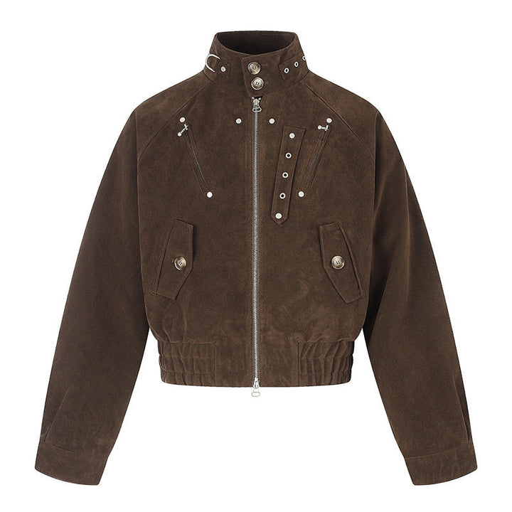 Damen kurze Wildleder‑Bomberjacke mit hohem Stehkragen und metallischen Details Drune
