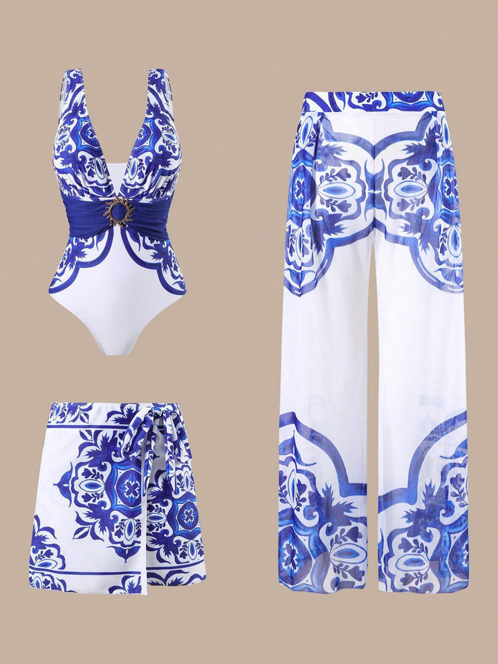 Damen Eleganter Badeanzug mit passendem Strandhosen-Set Drune