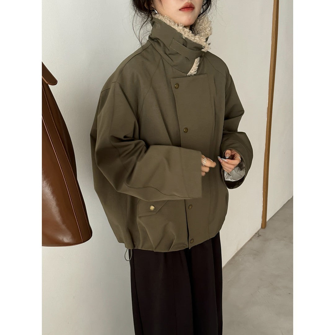 Damen Kurze Oversize-Bomberjacke mit Teddykragen und Druckknopfdetails Drune