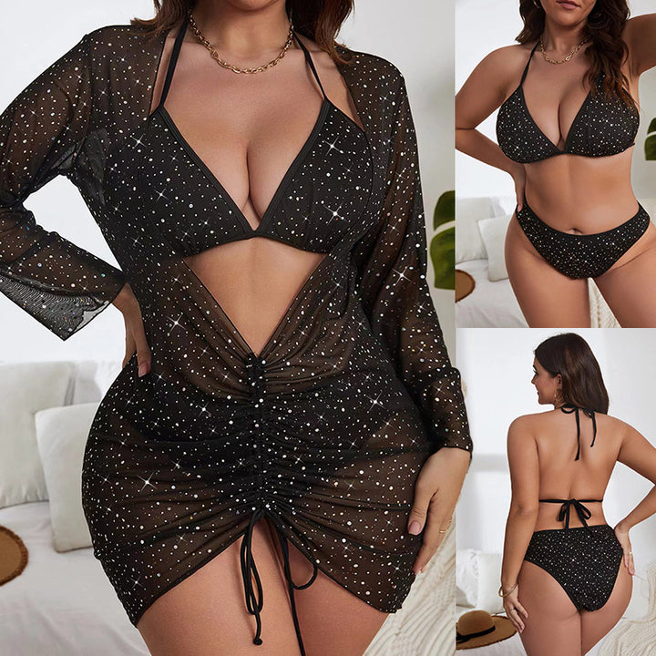 Damen transparentes Strandkleid mit Rüschen und funkelnden Akzenten Drune