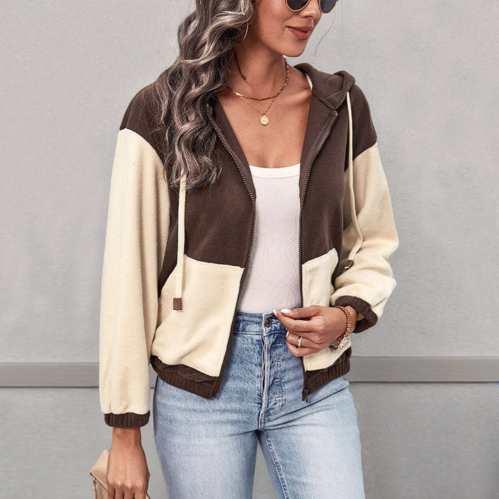 Damen Colorblock-Fleecejacke mit Kapuze, Reißverschluss und Kängurutaschen Drune
