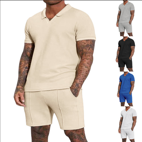 Herren nan kurzärmeliges Halbkragen-Strickset mit feiner Waffelstruktur und gerade geschnittenen Shorts Drune