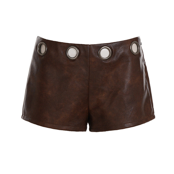 Damen Kunstleder-Shorts mit dekorativen Knopfdetails Drune