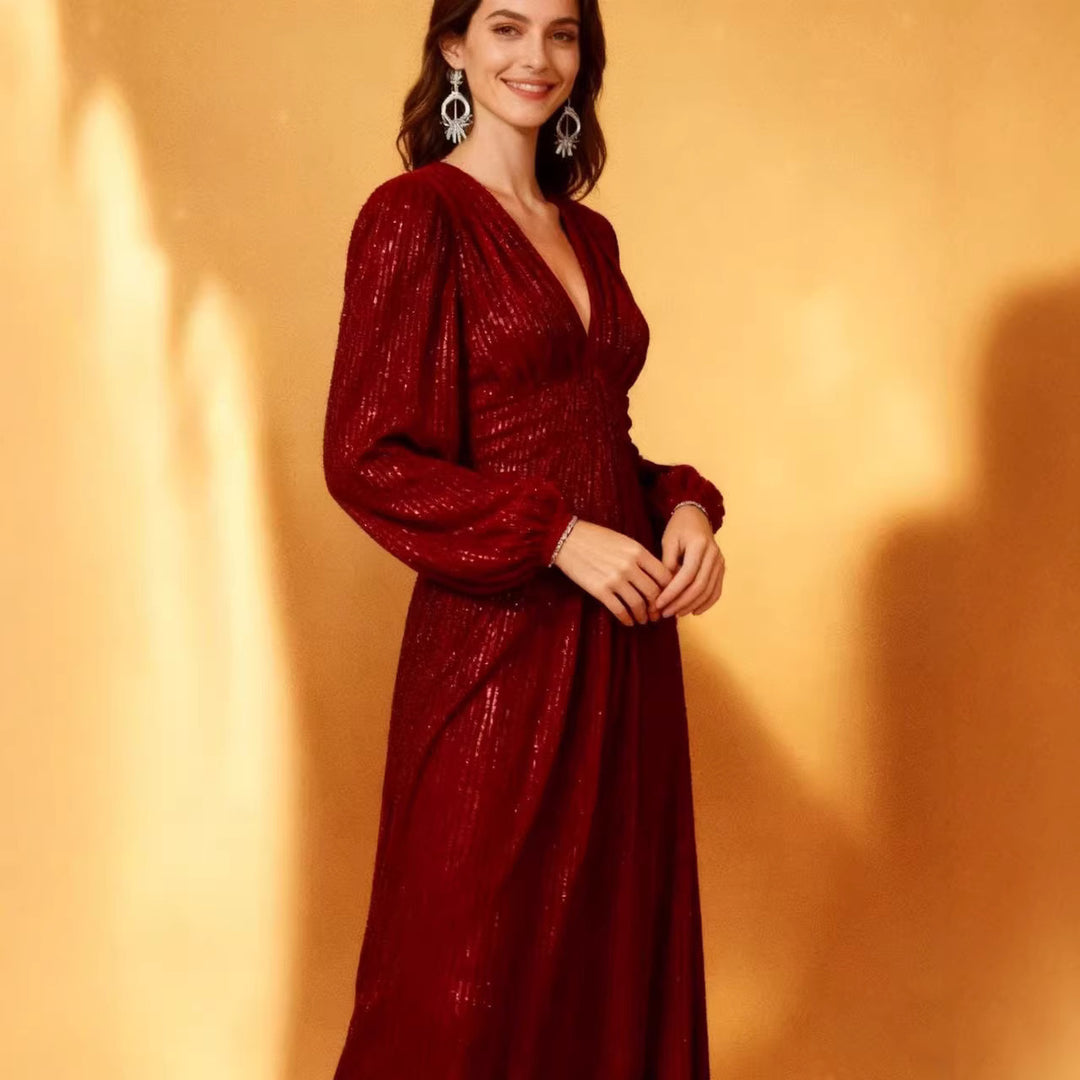 Damen Elegantes Abendkleid mit funkelndem Stoff und tiefem V-Ausschnitt Drune