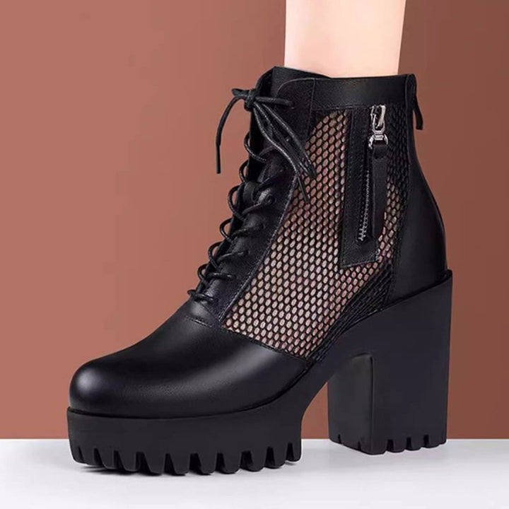 Damen Modische Plateau Stiefeletten mit Netz-Einsätzen Drune