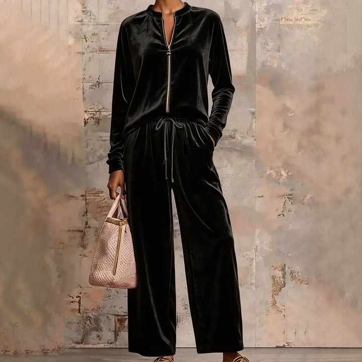Damen nan samtiges Lounge-Set mit Stehkragen Reißverschlussoberteil und Kordelbundhose Drune