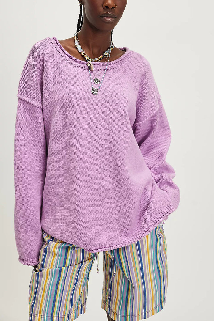 Damen lässiger Strickpullover mit weiten Ärmeln und Rippenstruktur Drune