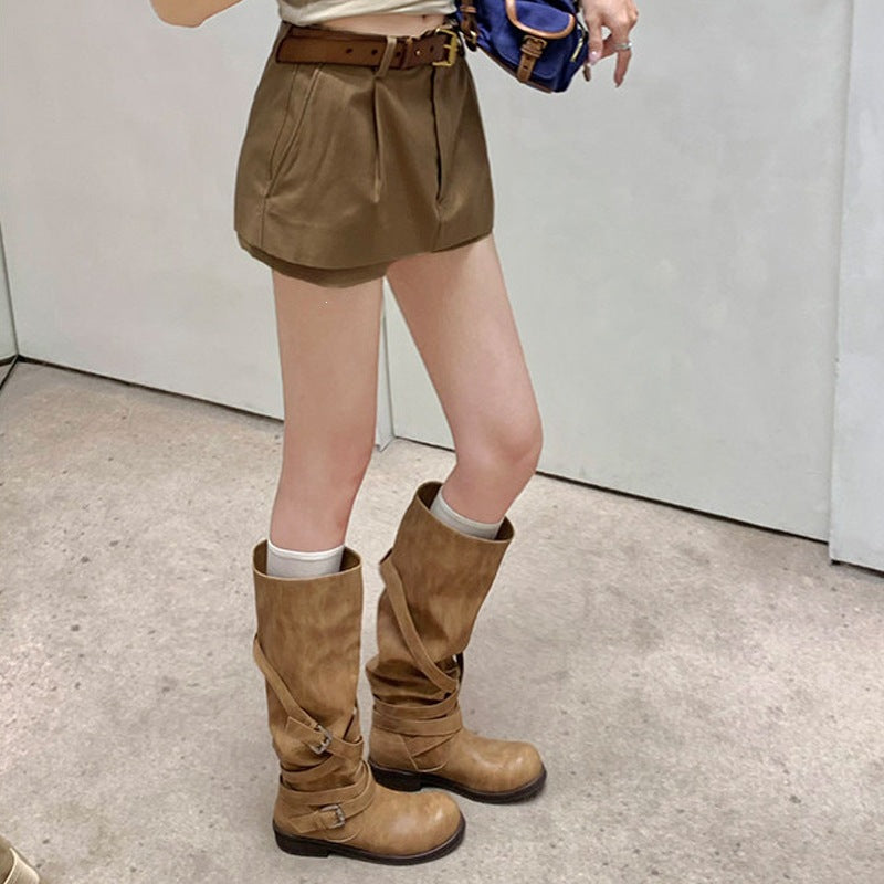 Damen Kniehohe Biker-Stiefel in Leder-Optik mit verstellbaren Schnallen Drune