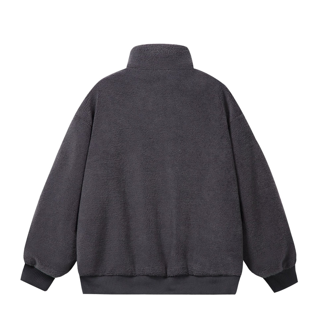 Unisex Sherpa‑Fleecejacke im Boxy‑Cut mit Stehkragen, Blockstreifen und Stickdetails Drune