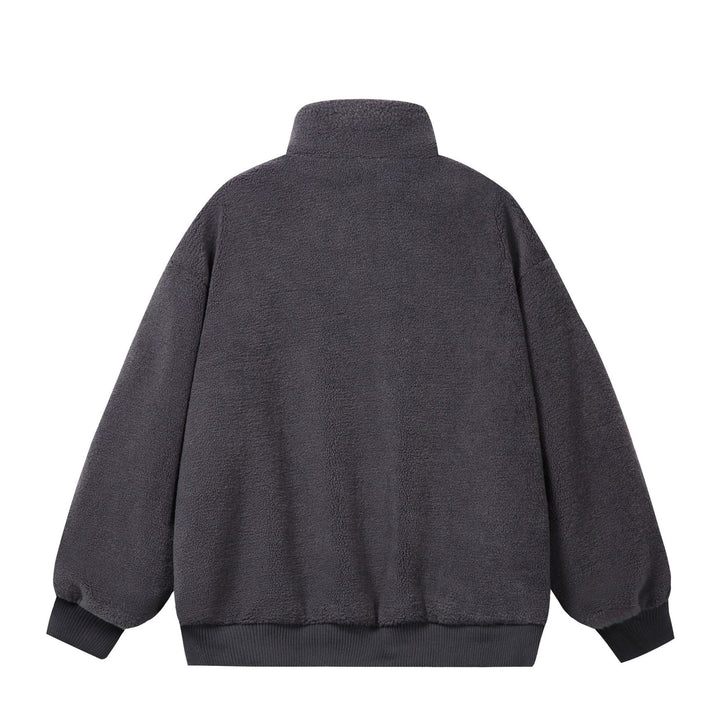 Unisex Sherpa‑Fleecejacke im Boxy‑Cut mit Stehkragen, Blockstreifen und Stickdetails Drune
