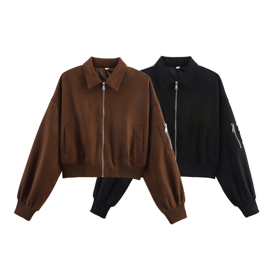 Damen nan cropped Bomberjacke im Velours-Look mit Reißverschluss, Ärmel-Taschen und geripptem Saum Drune