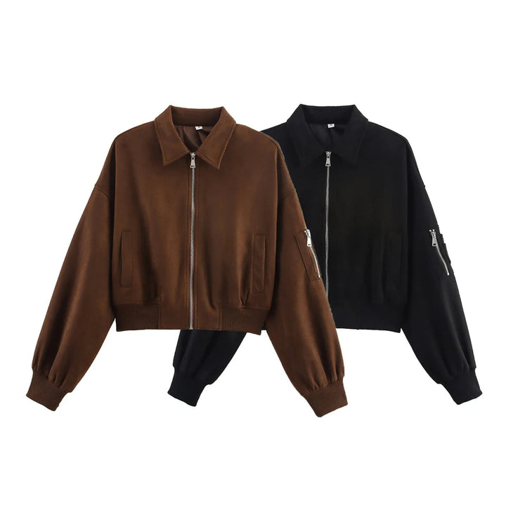 Damen nan cropped Bomberjacke im Velours-Look mit Reißverschluss, Ärmel-Taschen und geripptem Saum Drune