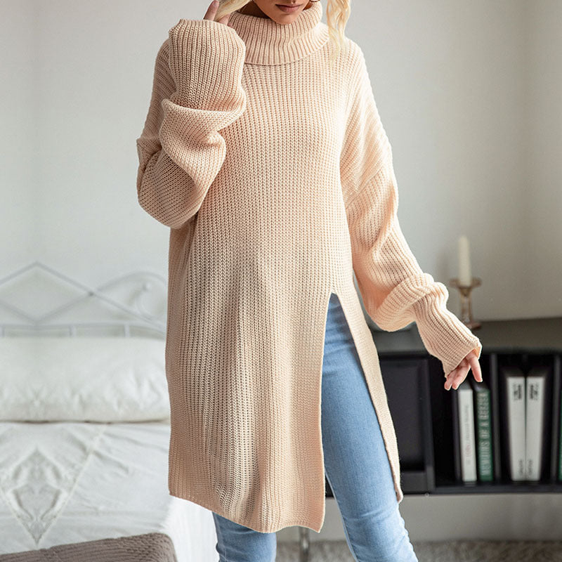 Damen Langer Rollkragen-Strickpullover als Tunika mit hohem Seitenschlitz und Oversize-Ärmeln Drune