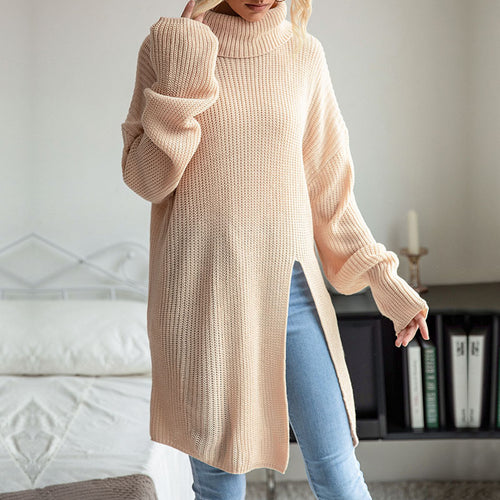 Damen Langer Rollkragen-Strickpullover als Tunika mit hohem Seitenschlitz und Oversize-Ärmeln Drune