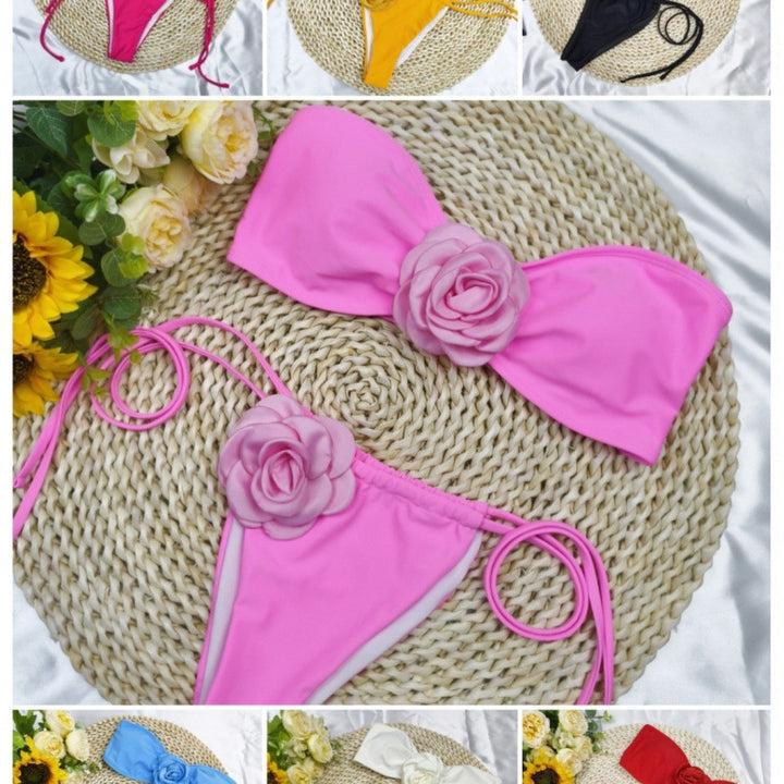 Damen Bandeau-Bikini mit floralem Akzent und verstellbaren Trägern Drune