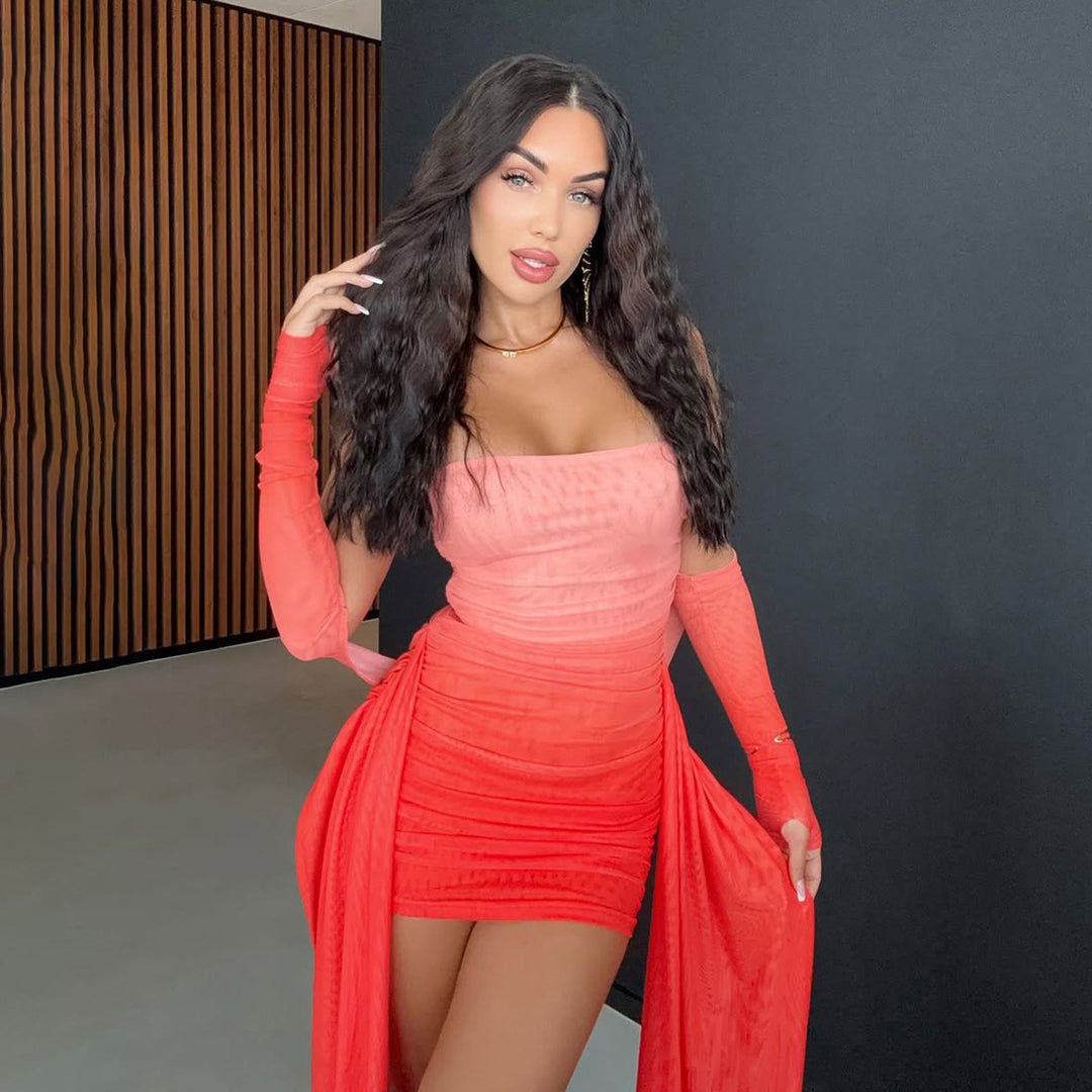 Damen Elegantes Langarmkleid mit raffiniertem Drapierungsdesign und transparenten Elementen Drune