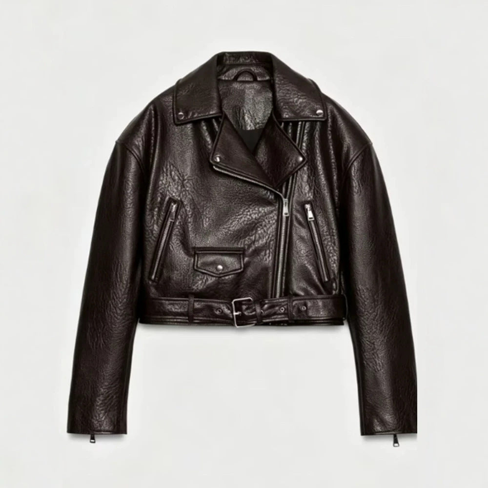 Damen Kurz geschnittene Bikerjacke aus Kunstleder mit Taillengürtel und asymmetrischem Reißverschluss Drune