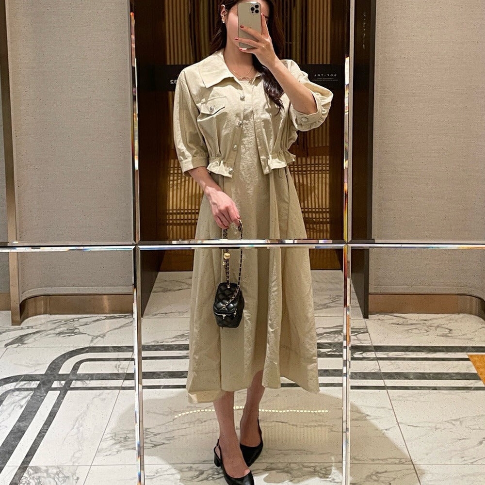 Damen Zweiteiliges Leinenoptik-Midikleid mit kurzer Jacke, tailliertem Gummizug und Puffärmeln Drune