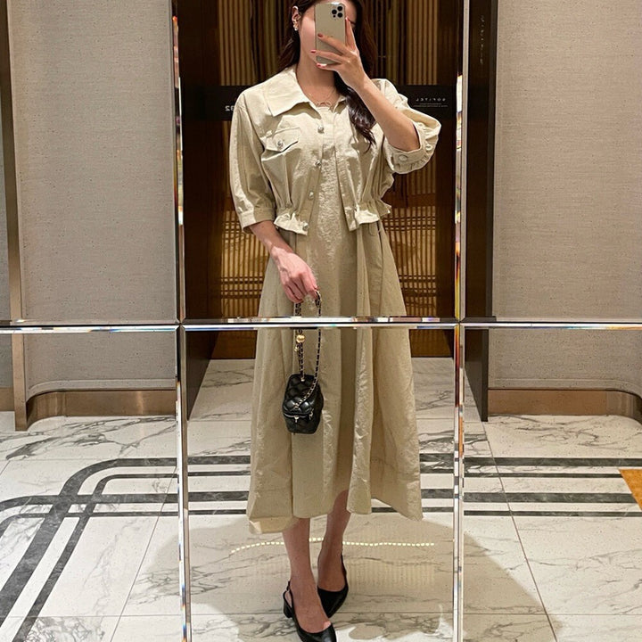 Damen Zweiteiliges Leinenoptik-Midikleid mit kurzer Jacke, tailliertem Gummizug und Puffärmeln Drune