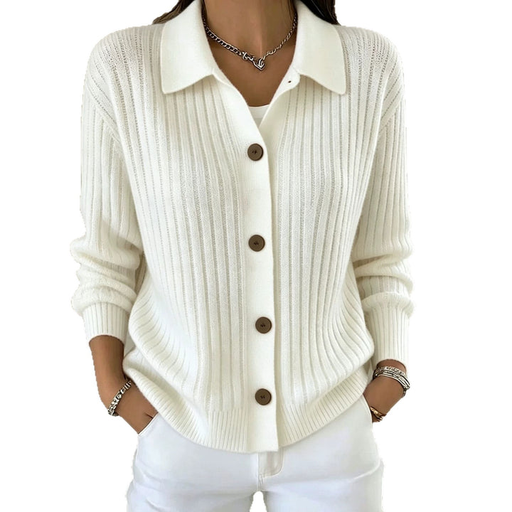 Damen Feiner gerippter Knopf‑Cardigan mit Hemdkragen und kastiger Silhouette Drune