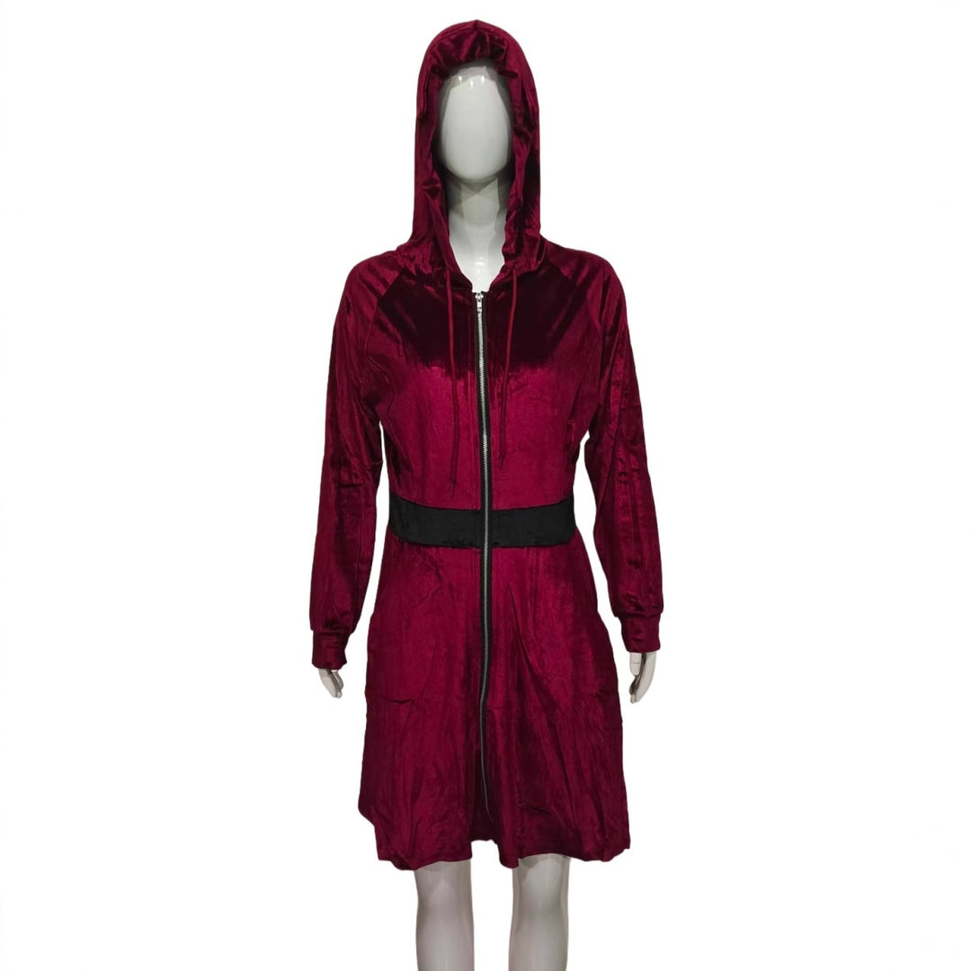 Damen Samt-Kapuzenkleid mit Reißverschluss, Taillengürtel & Katzenohren Drune