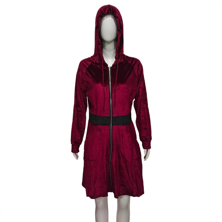 Damen Samt-Kapuzenkleid mit Reißverschluss, Taillengürtel & Katzenohren Drune