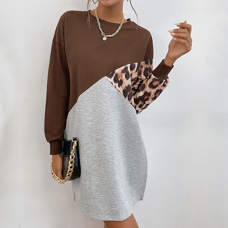 Damen Colorblock-Sweatkleid mit Leo-Ärmel und lockerer A-Linien-Silhouette Drune