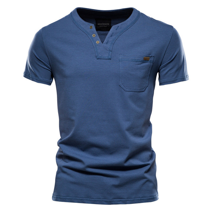 Herren V-Ausschnitt T-Shirt mit Druckknöpfen und Brusttasche Drune