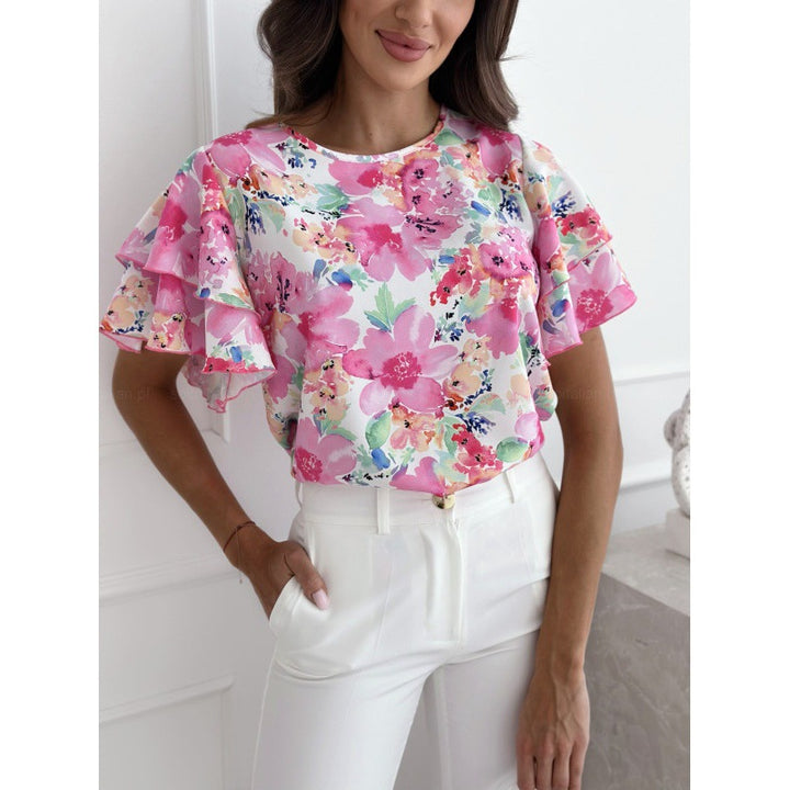 Damen Blusenshirt mit voluminösen Rüschensäumen und floralem Druck Drune