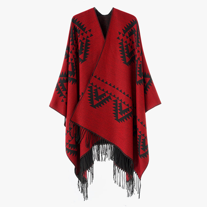 Damen Grobgewebter Jacquard-Umhang im Oversize mit Zipfelsaum und Fransensaum Drune
