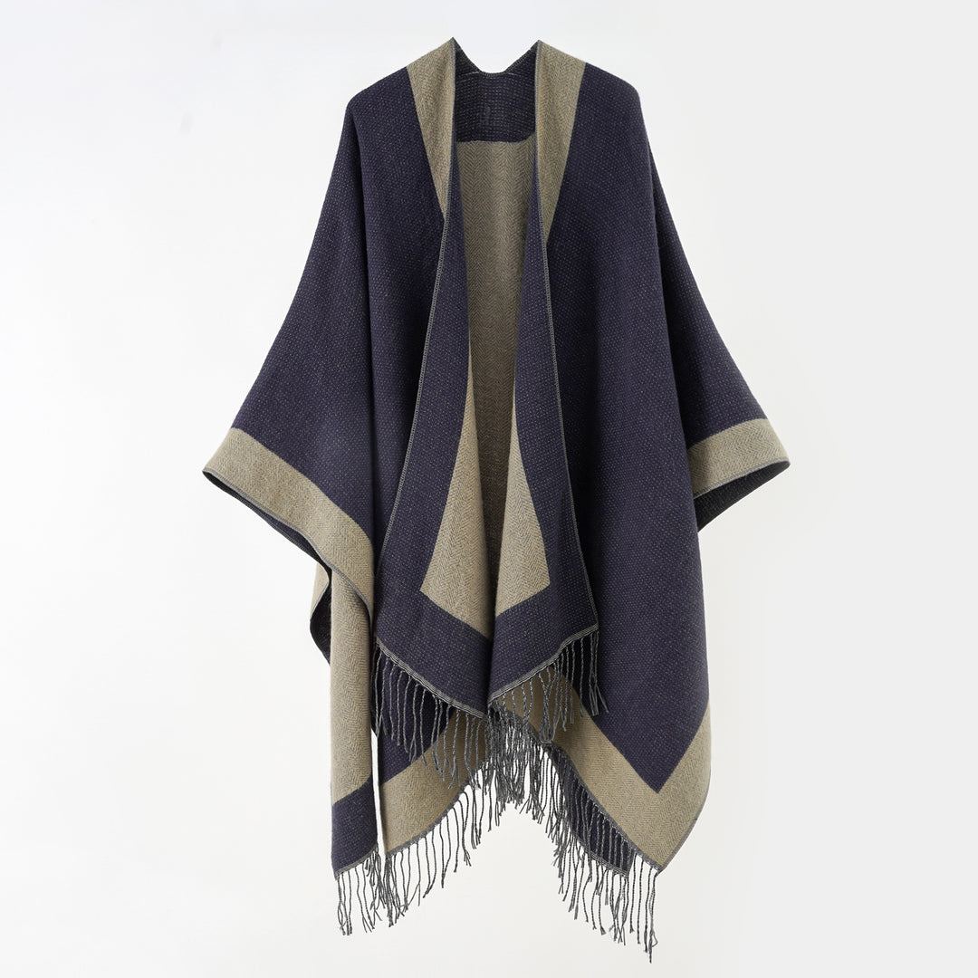 Damen Ruana‑Poncho mit Fransensaum und Fischgrät‑Webstruktur Drune