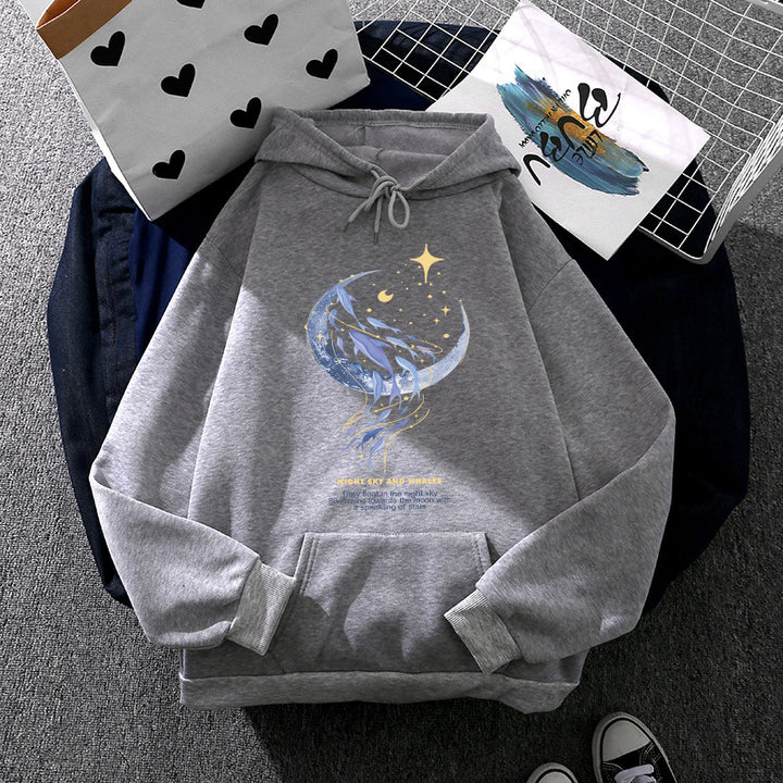 Damen nan Kapuzenpullover mit Mond‑und‑Wal-Illustration, Oversize-Schnitt und Kängurutasche Drune