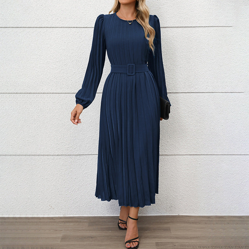 Damen Elegantes Faltenmaxikleid mit Taillengürtel Drune