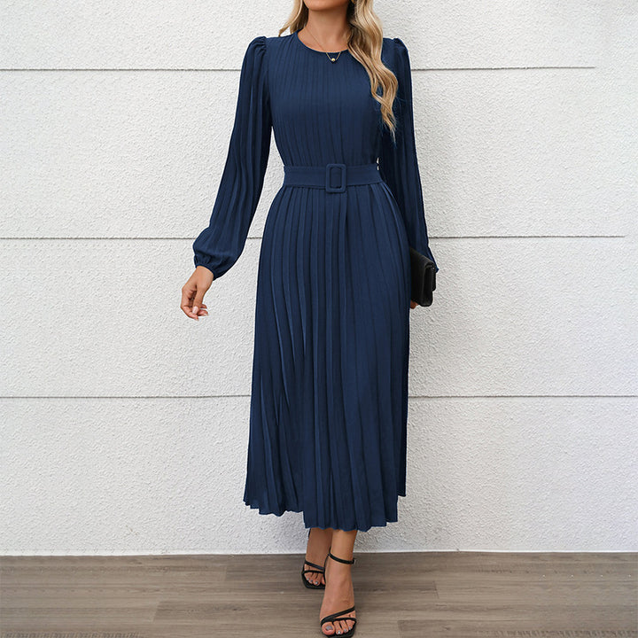 Damen Elegantes Faltenmaxikleid mit Taillengürtel Drune