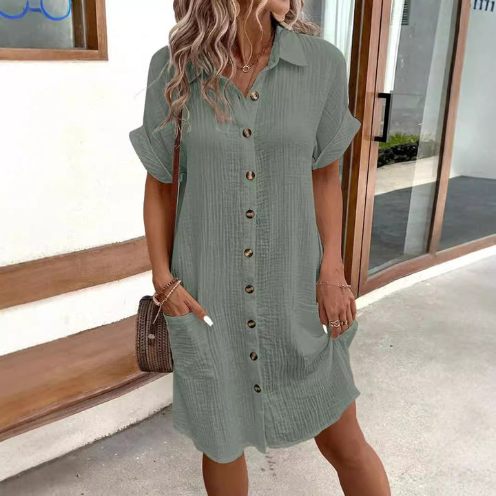 Damen lässiges Hemdblusenkleid aus leichtem Baumwollmischgewebe mit Knopfleiste und Seitentaschen Drune