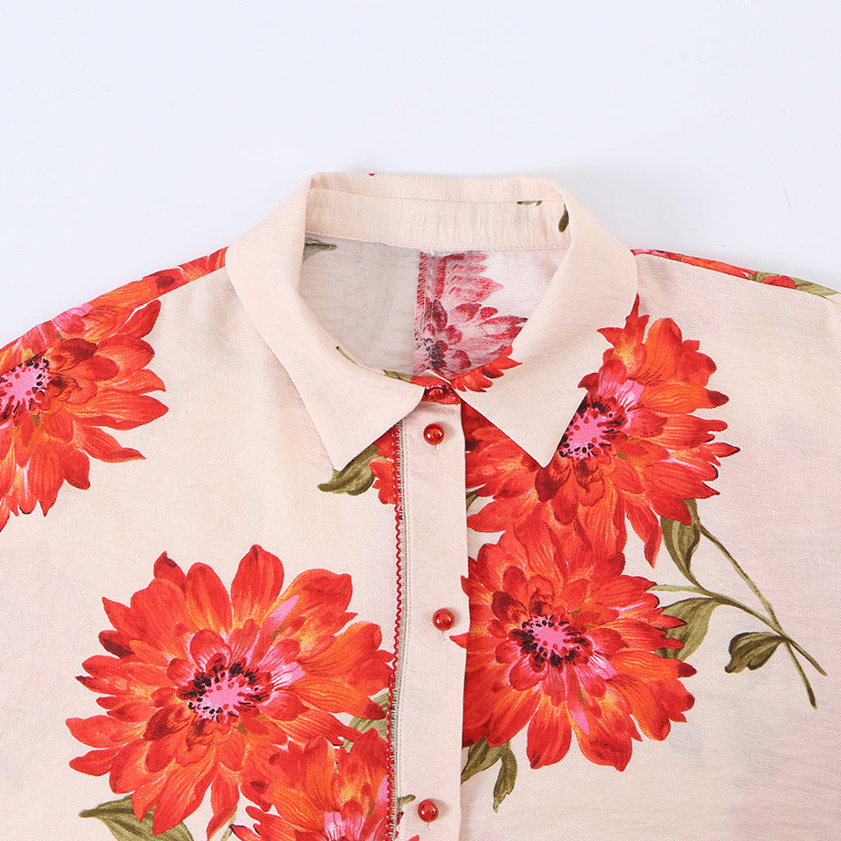 Damen Oversize-Bluse mit Blumenprint, durchgehender Knopfleiste und Dreiviertelärmeln Drune