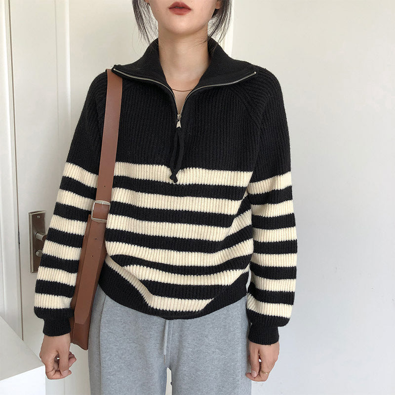 Damen gestreifter Pullover mit halblangem Reißverschluss und lässigem Schnitt Drune