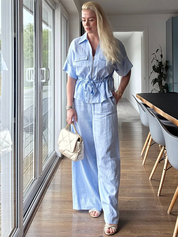 Damen Kurzarm-Bluse mit Reißverschluss, Brusttaschen & Tunnelzug-Taille Drune