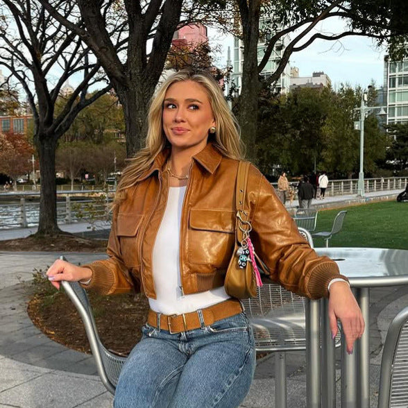 Damen Kurze Lederoptik-Blousonjacke mit großen Pattentaschen und geripptem Bund Drune